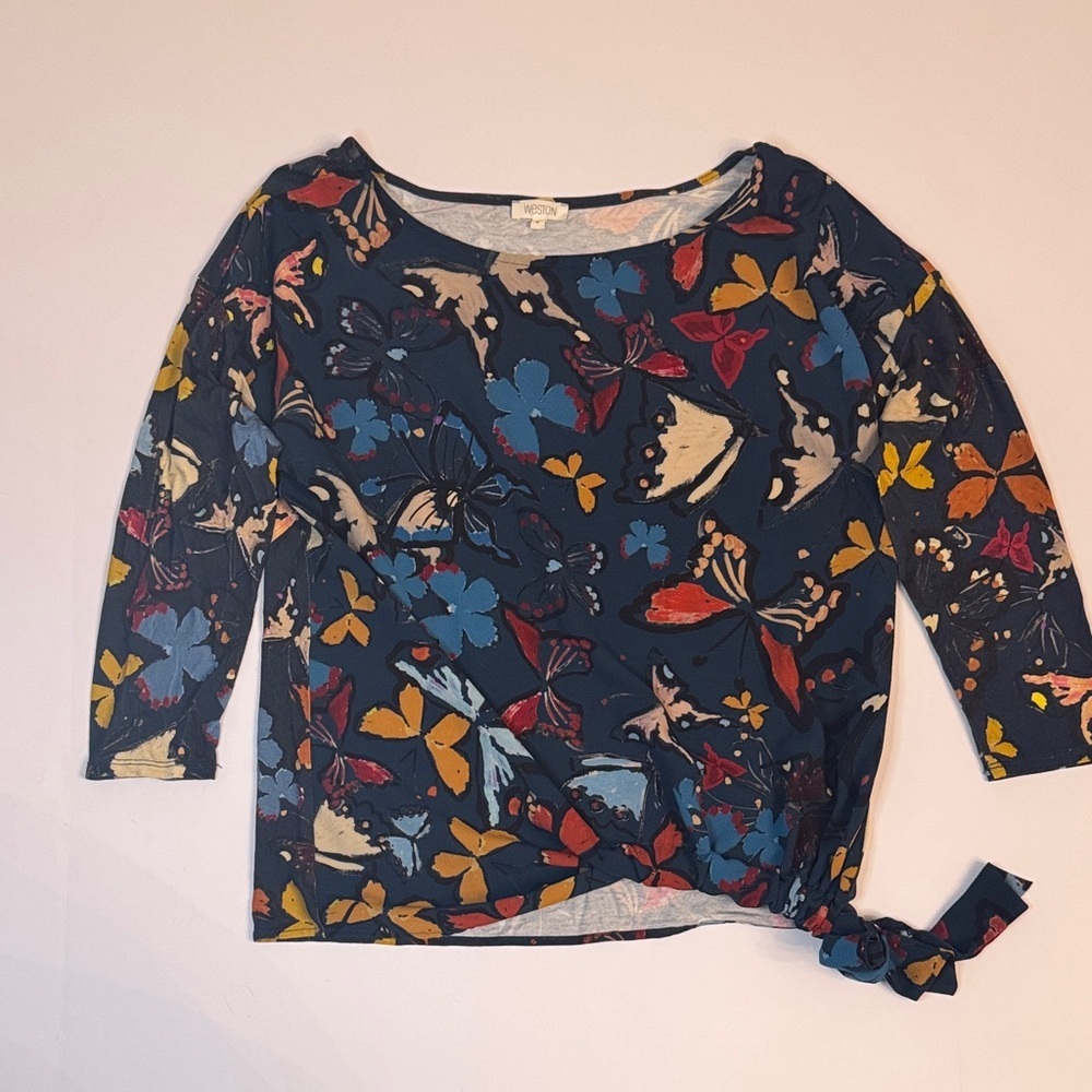 Anthropologie Weston Butterfly Print Tie Hem Top Size Medium - Picture 2 of 4